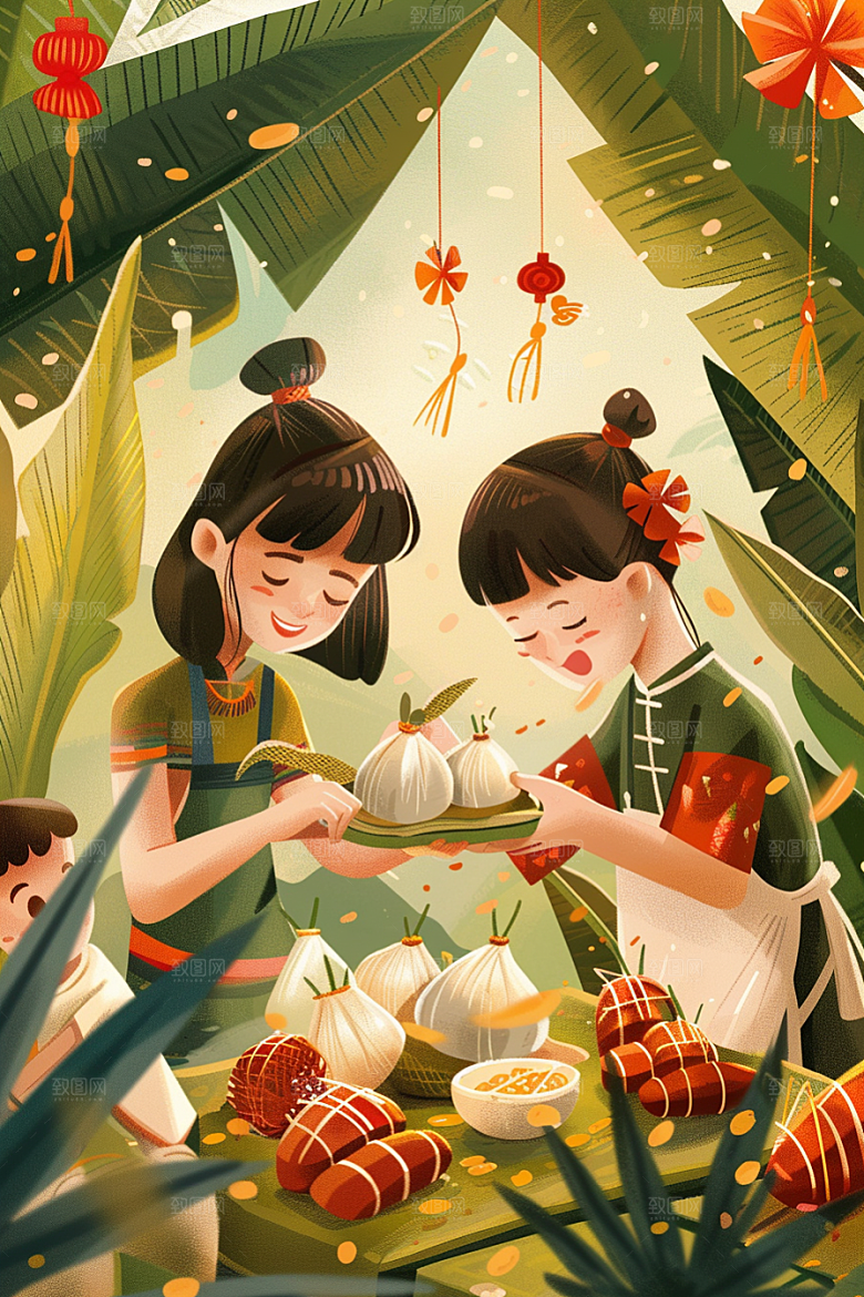 端午包粽子幸福阖家团聚插画