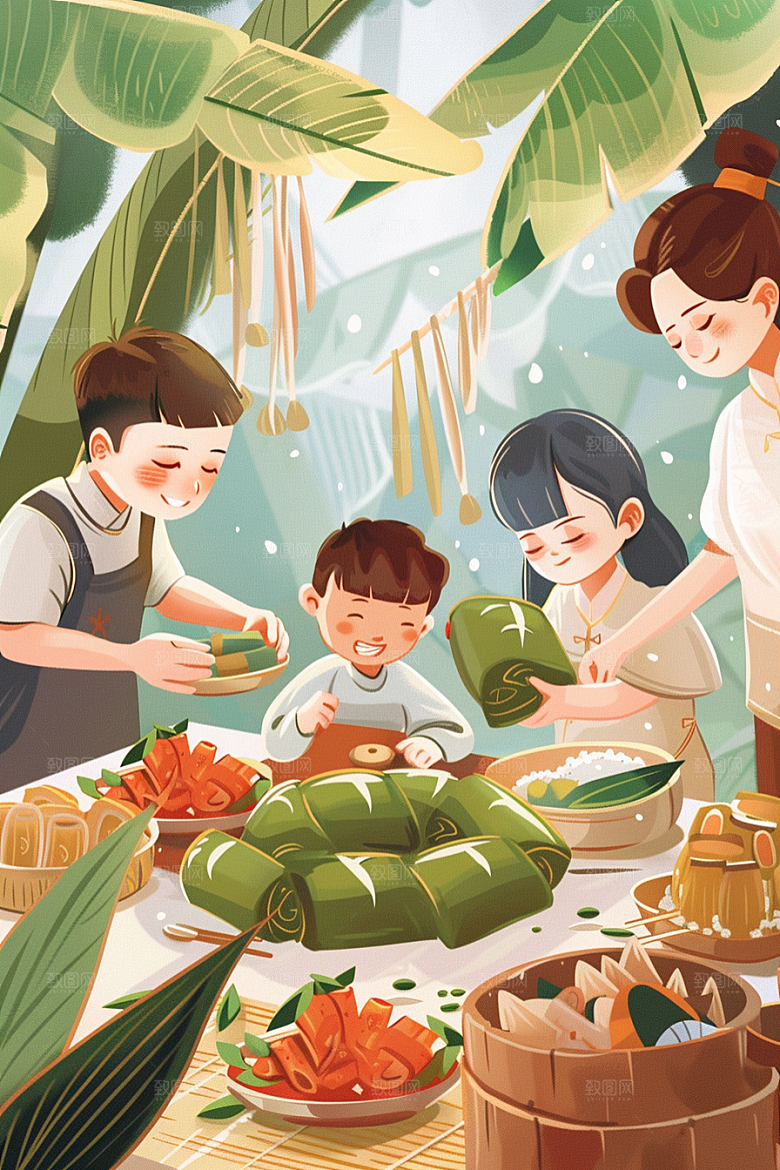端午包粽子节日美食插画