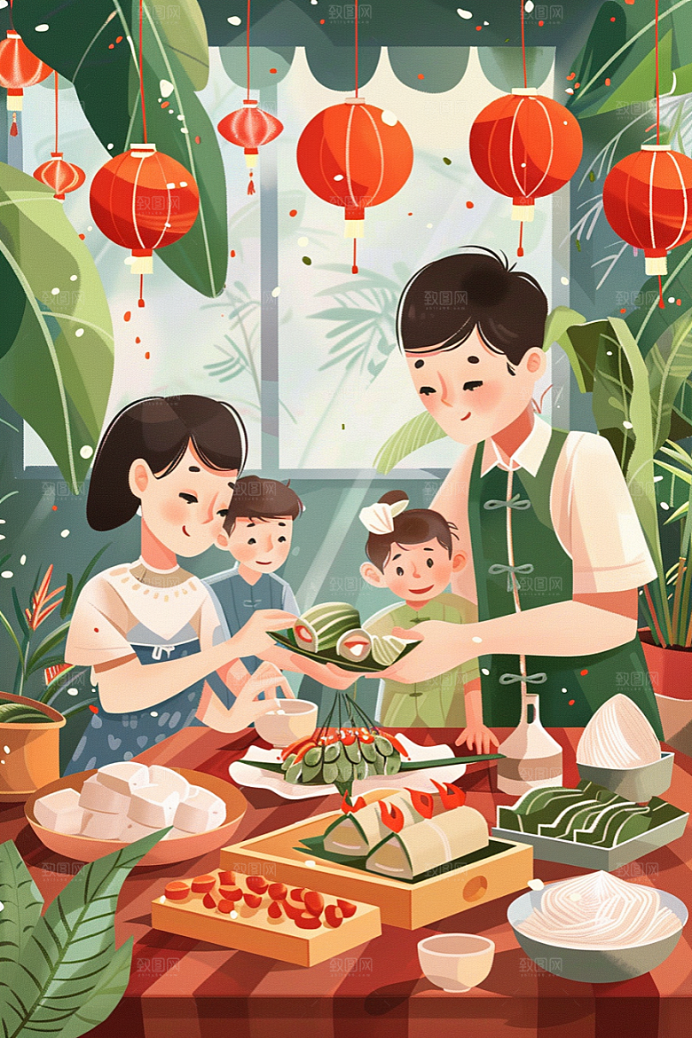 端午包粽子传统文化手绘插画