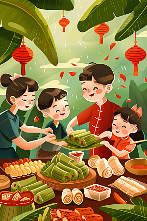 端午包粽子传统文化美味插画