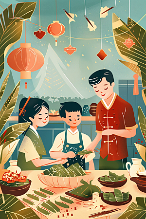 端午包粽子手绘传统文化插画