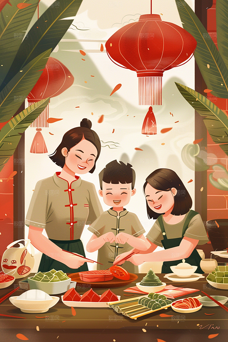端午包粽子习俗温馨插画