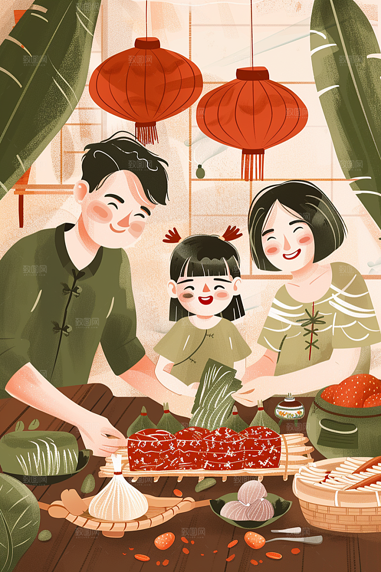 端午包粽子传统文化温馨插画