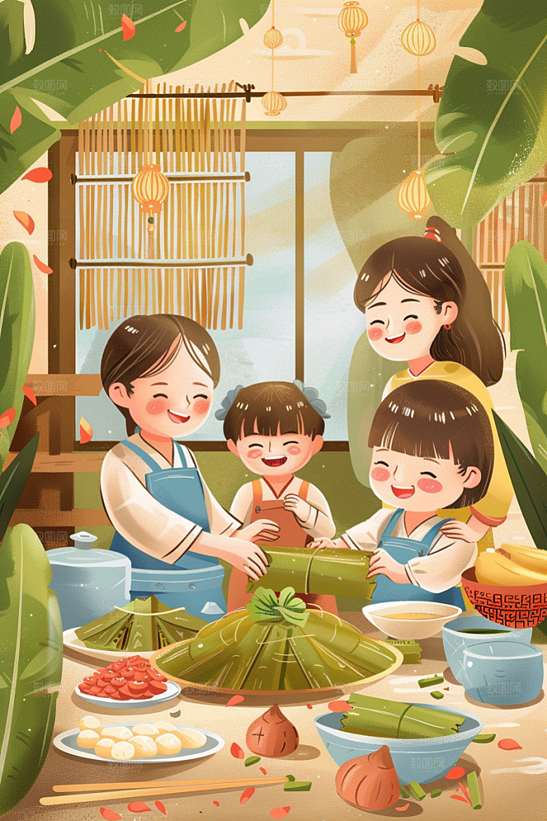 端午包粽子习俗高清插画