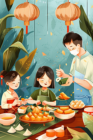 端午包粽子节日美味插画