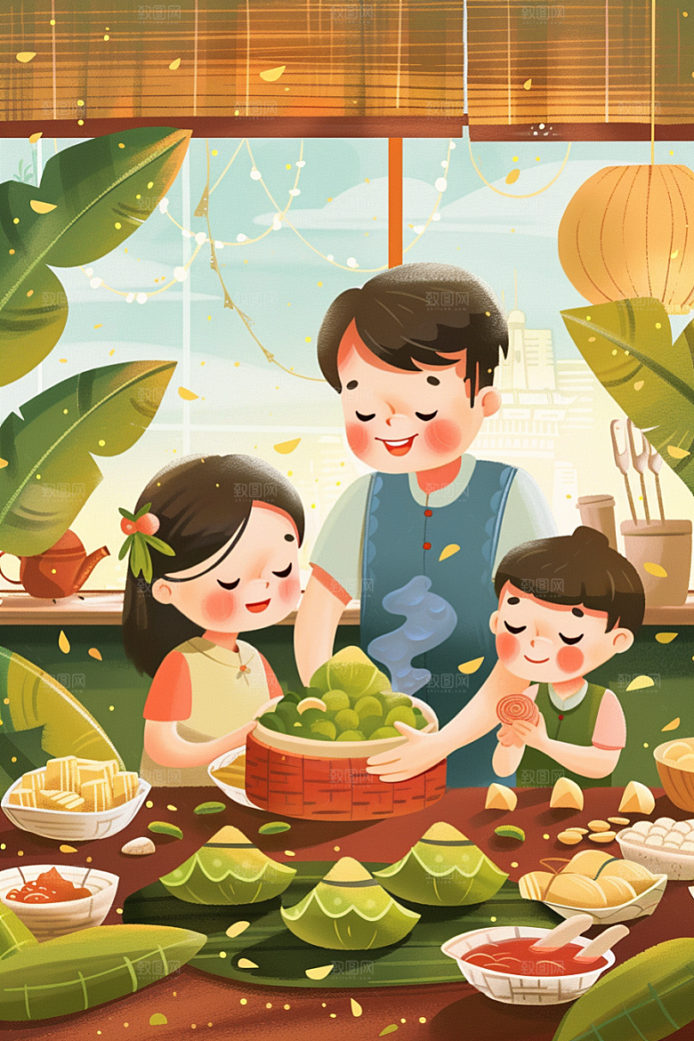 端午包粽子阖家团聚粽叶插画