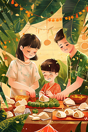 端午包粽子幸福传统文化插画