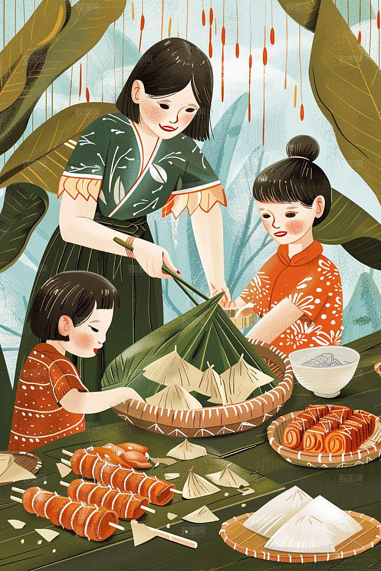 端午包粽子手绘节日氛围插画