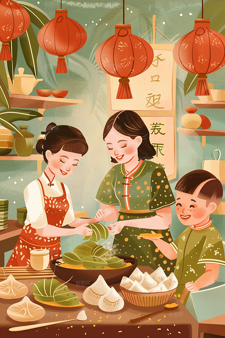 端午包粽子传统文化高清插画