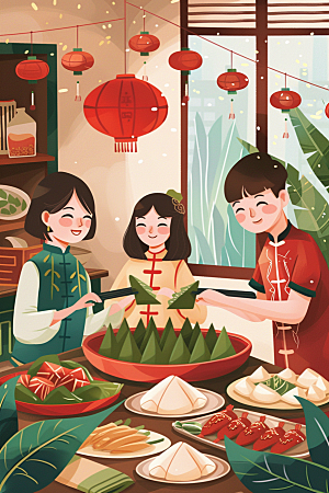 端午包粽子端午节节日氛围插画