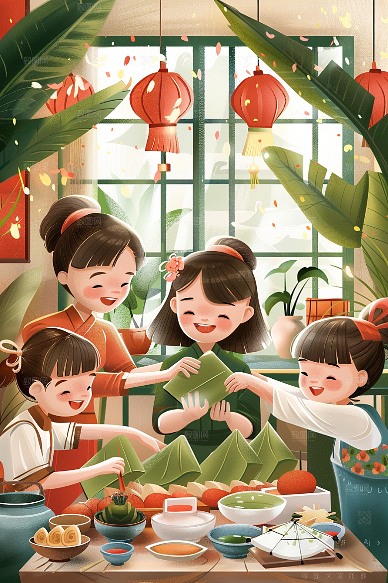 端午包粽子小吃习俗插画