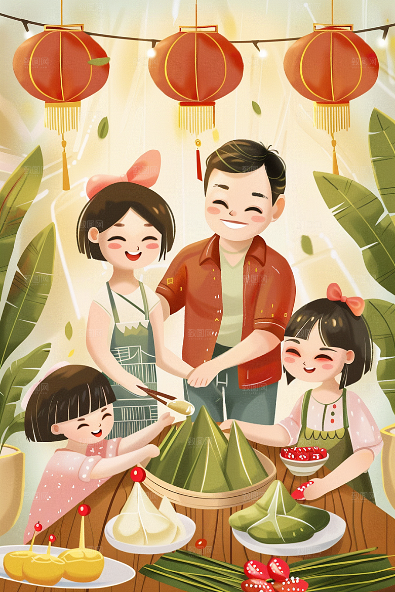 端午包粽子端午节美食插画
