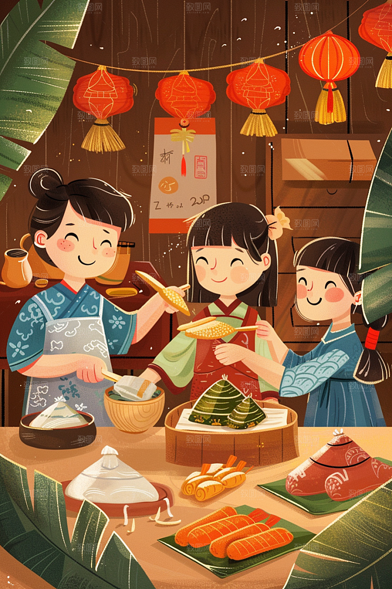 端午包粽子粽叶习俗插画