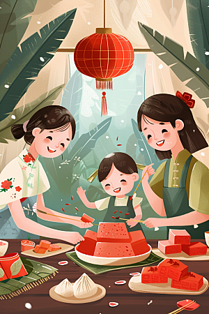 端午包粽子节日氛围温馨插画