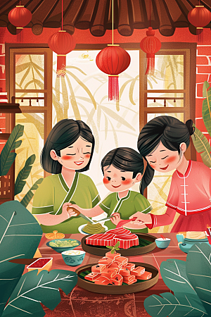 端午包粽子节日氛围高清插画