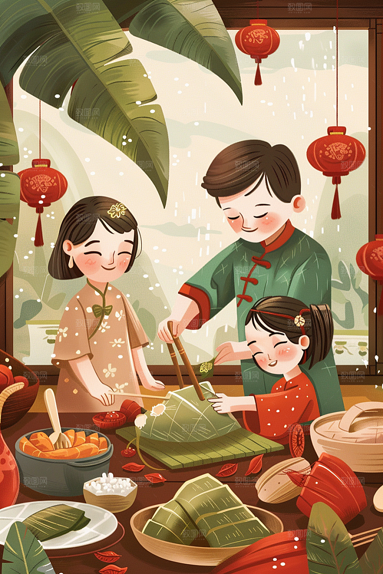 端午包粽子高清温馨插画