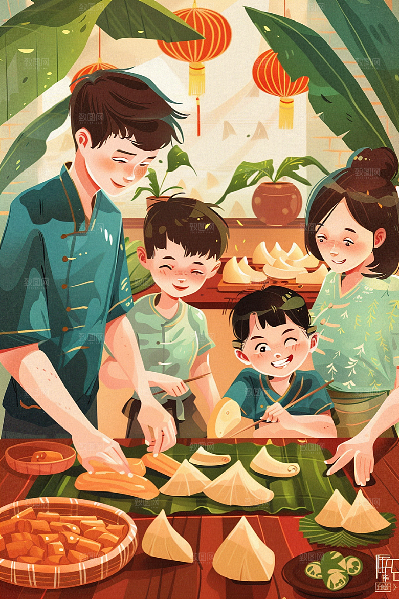 端午包粽子美食节日插画