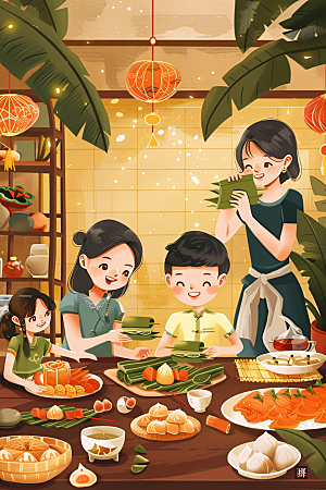 端午包粽子端午节阖家团聚插画
