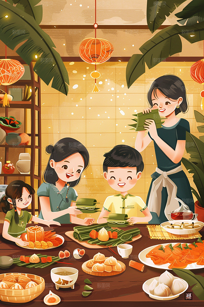 端午包粽子端午节阖家团聚插画