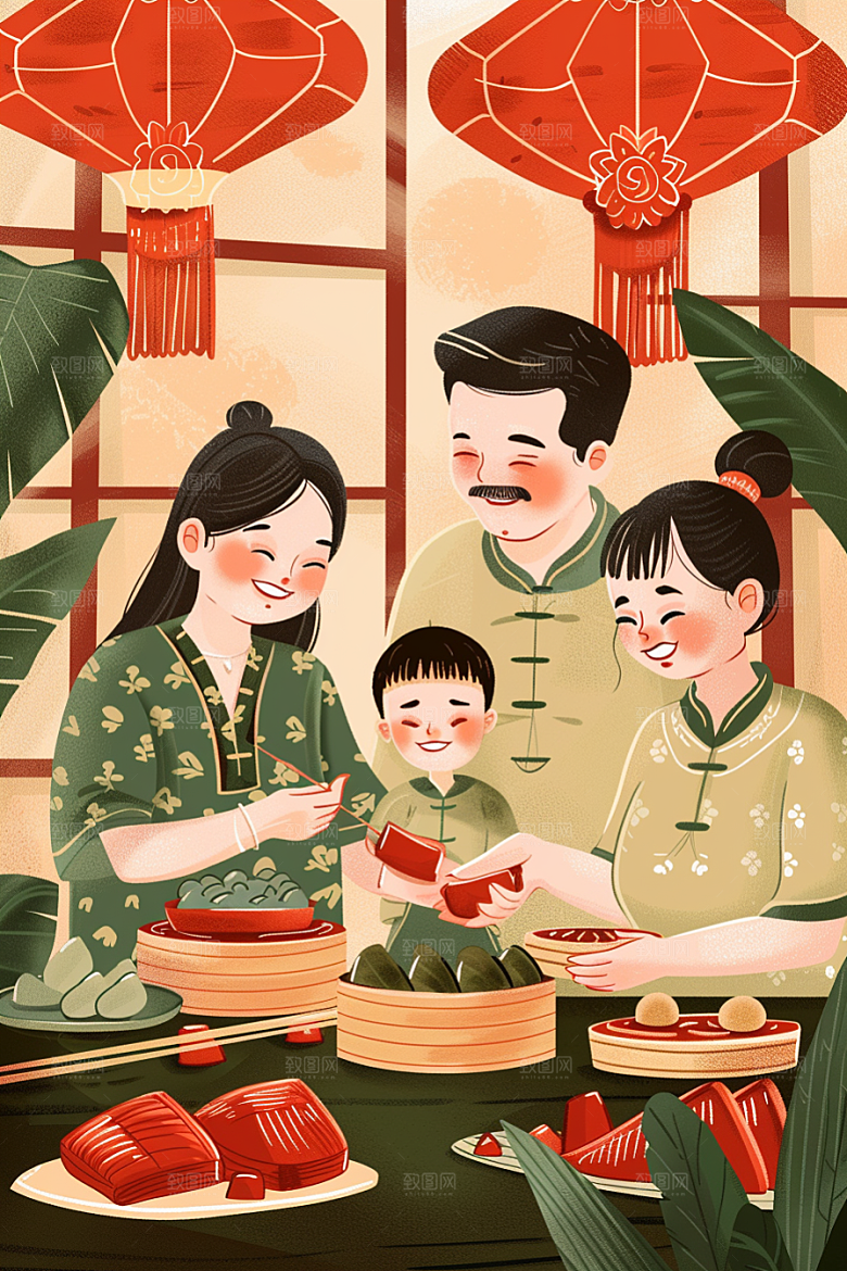 端午包粽子传统文化美食插画