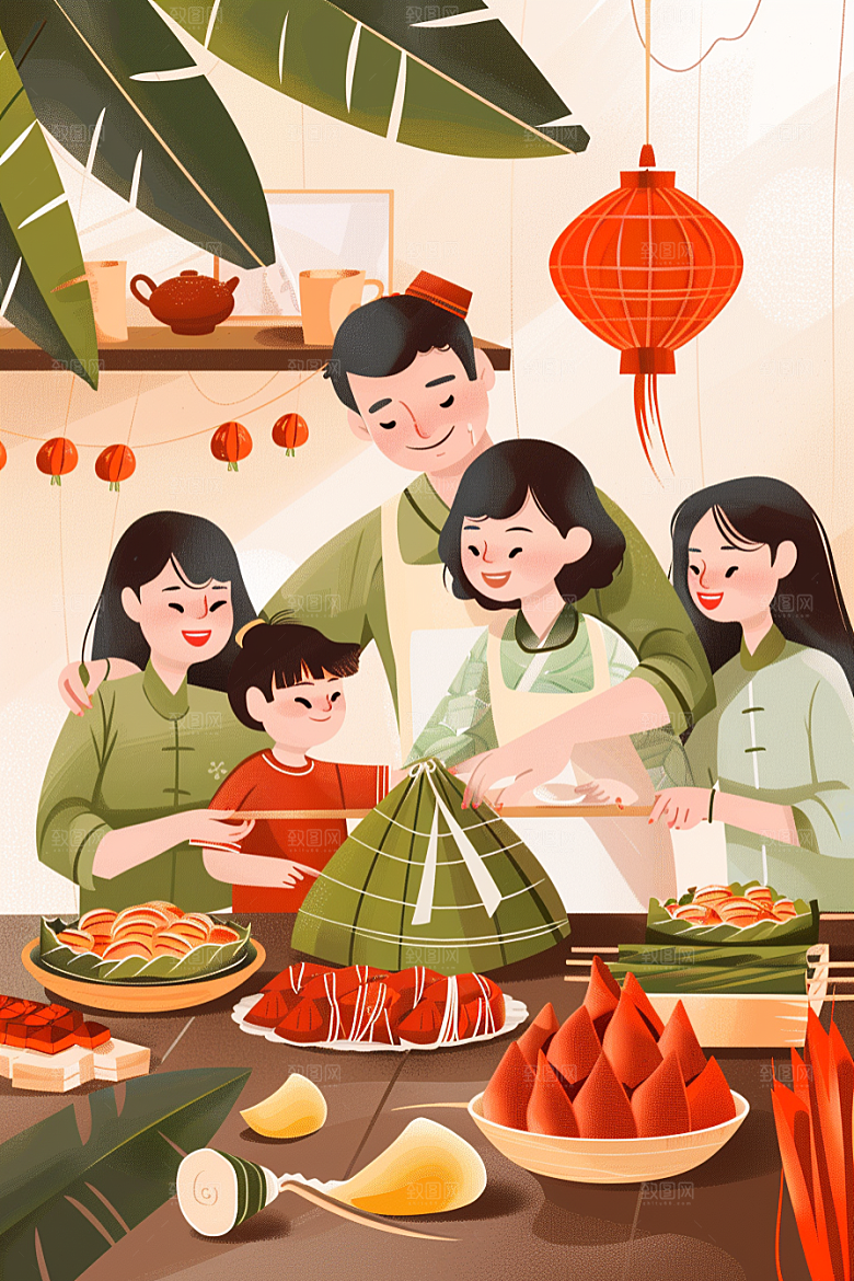 端午包粽子小吃高清插画