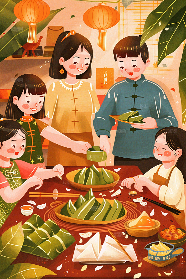 端午包粽子节日粽叶插画