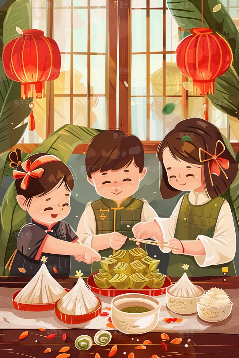 端午包粽子端午节习俗插画