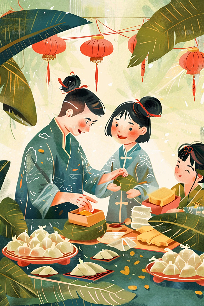 端午包粽子阖家团聚糯米插画