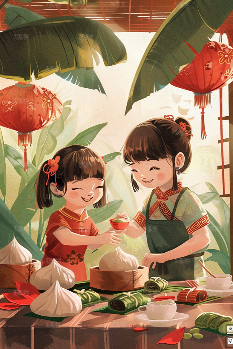 端午包粽子手绘温馨插画
