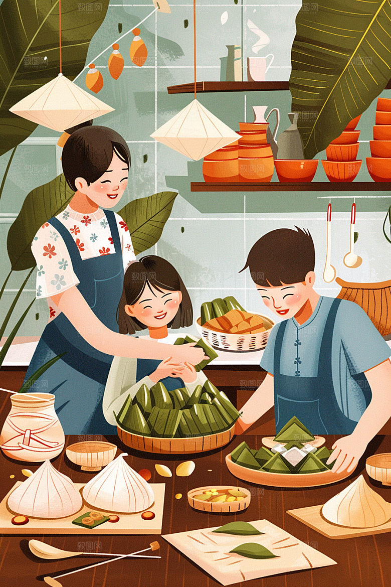 端午包粽子美味习俗插画