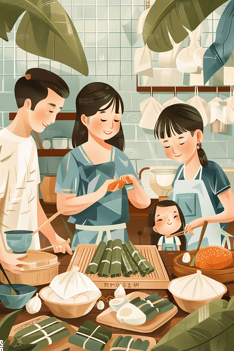 端午包粽子美味小吃插画