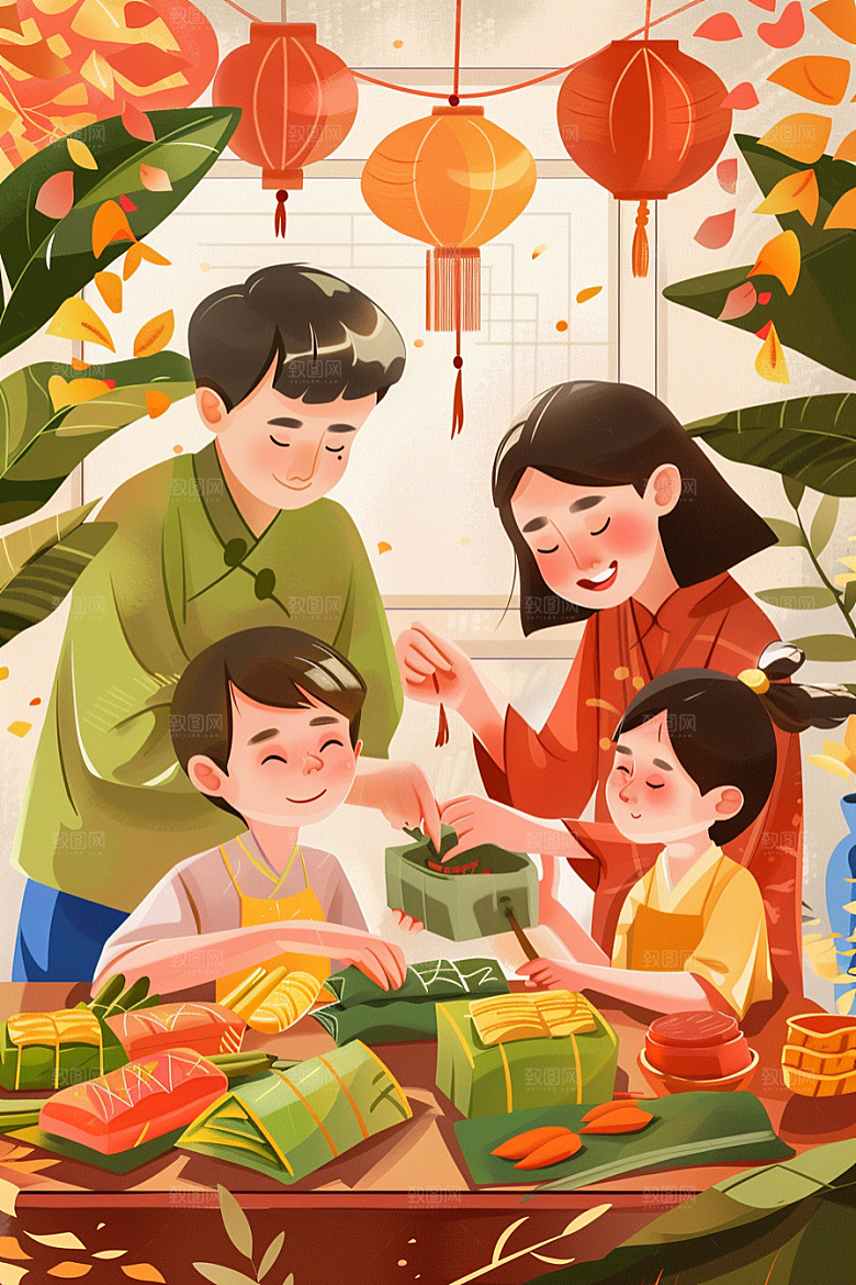 端午包粽子阖家团聚温馨插画