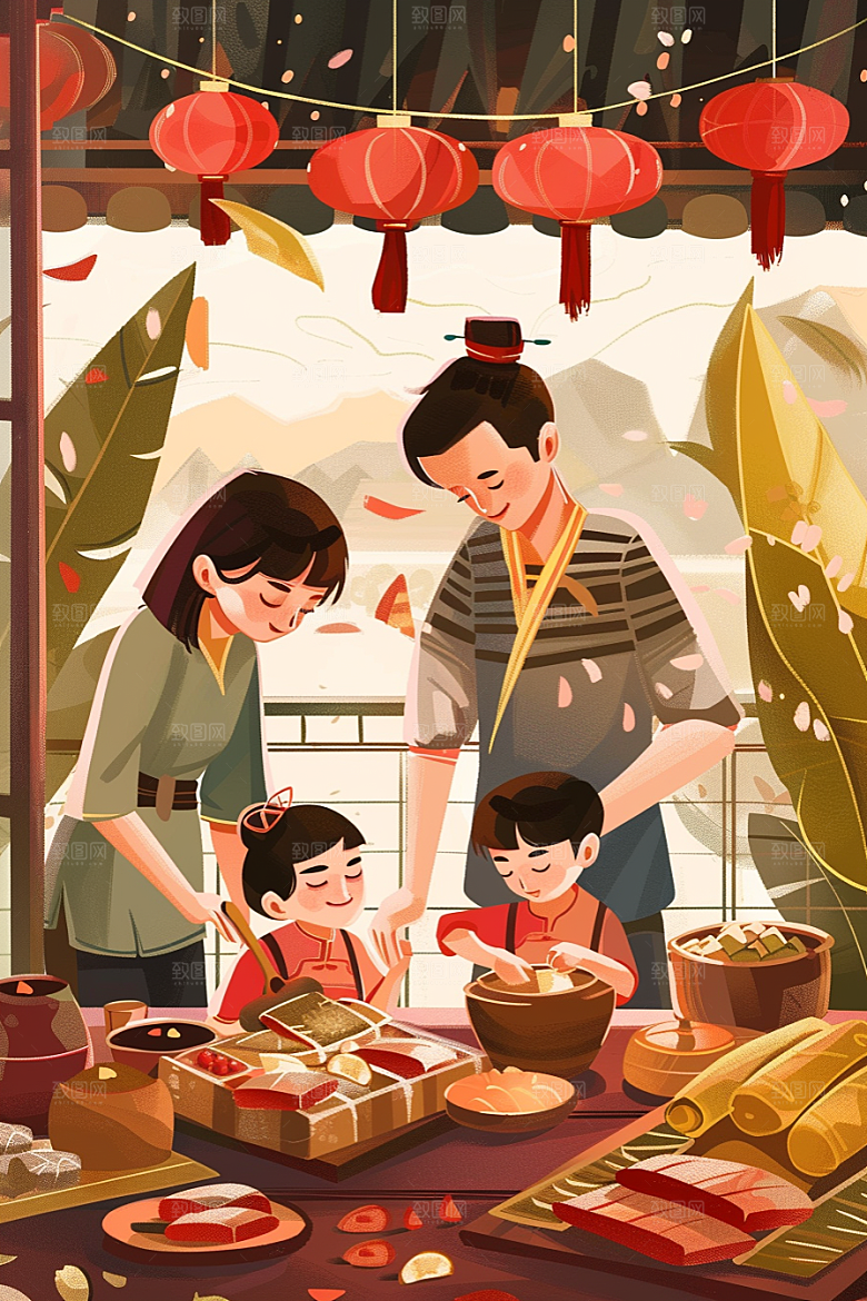 端午包粽子手绘节日插画
