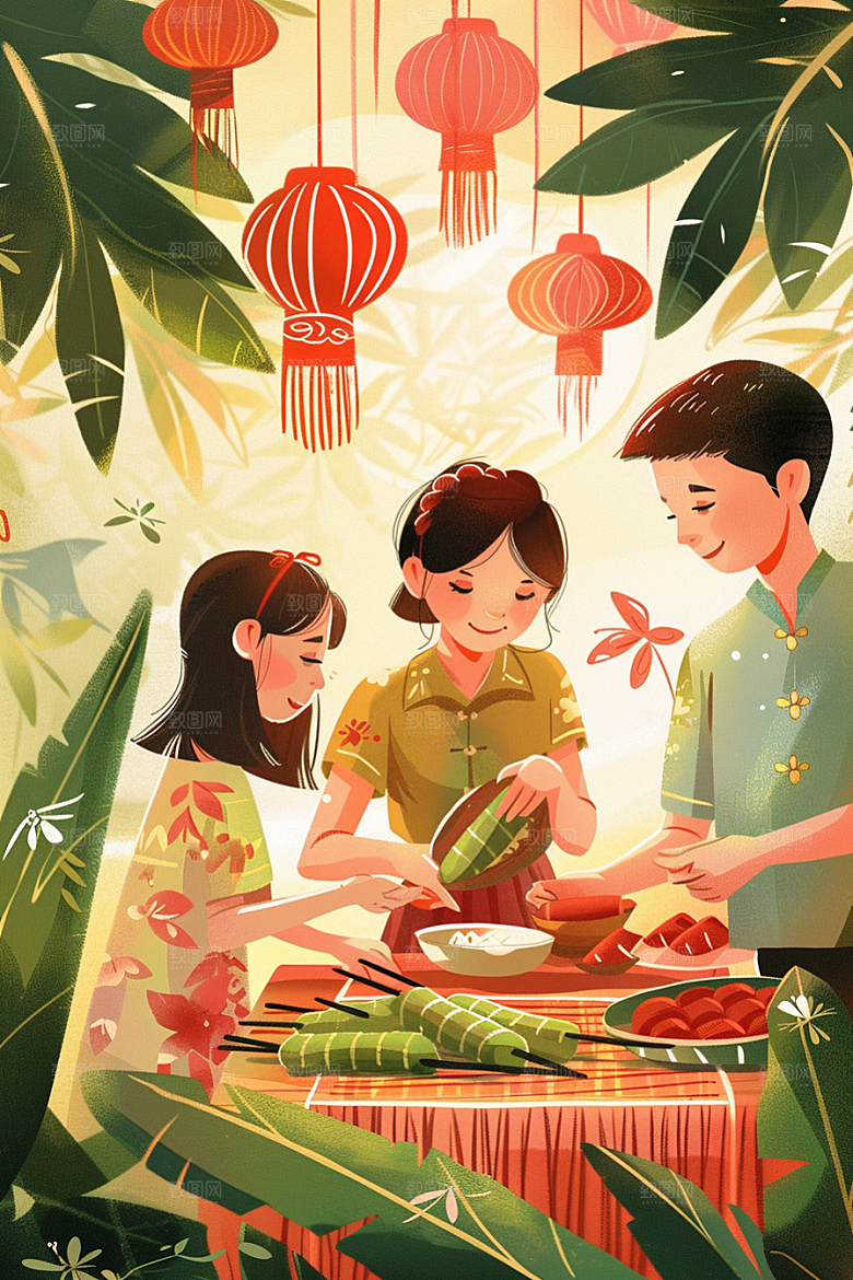 端午包粽子美食端午节插画