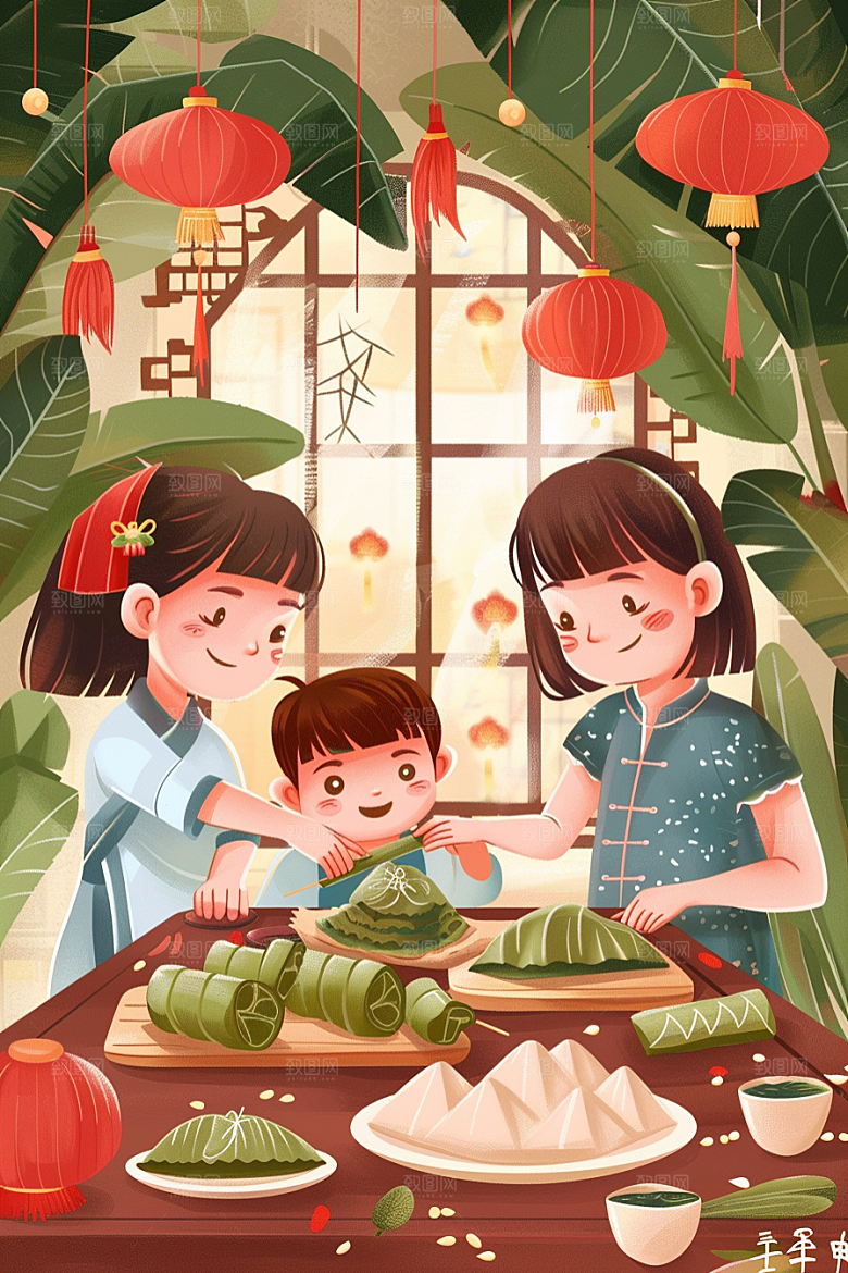 端午包粽子端午节美食插画