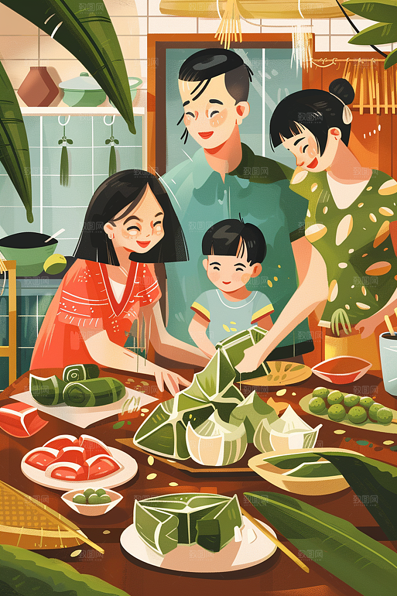 端午包粽子手绘幸福插画