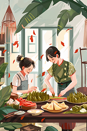 端午包粽子阖家团聚高清插画