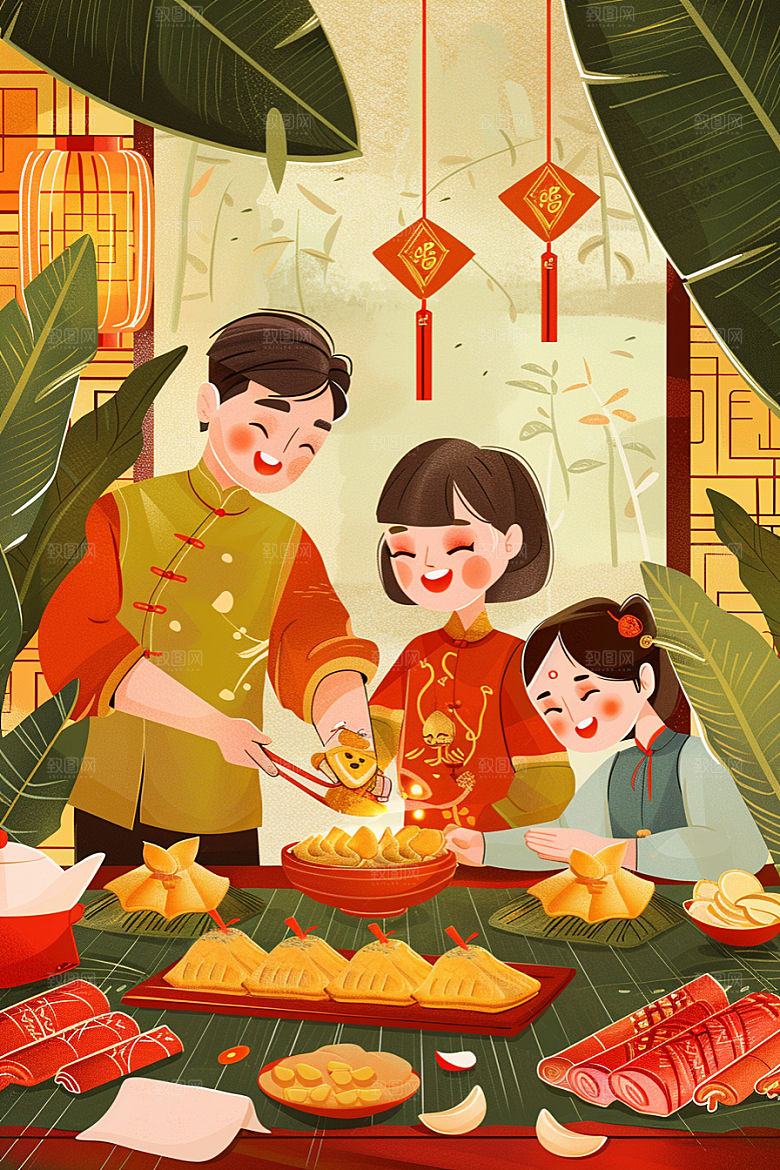 端午包粽子习俗小吃插画