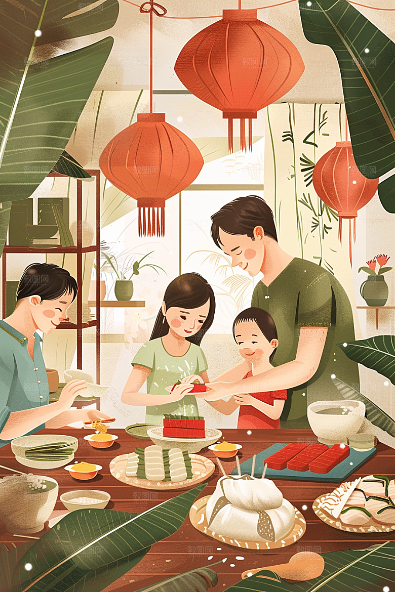 端午包粽子美味粽叶插画
