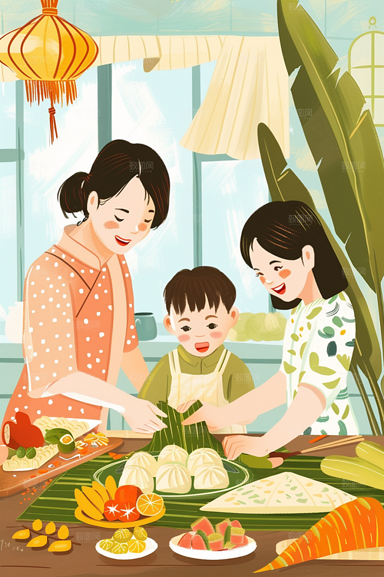 端午包粽子传统文化糯米插画