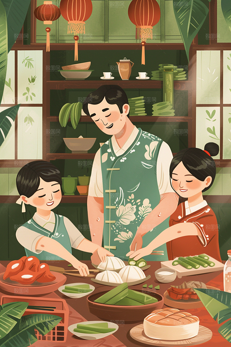 端午包粽子小吃节日插画