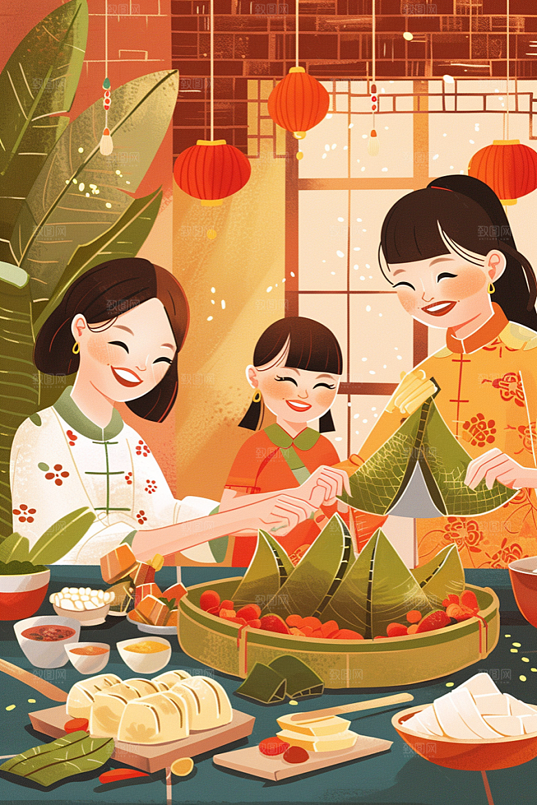 端午包粽子糯米粽叶插画