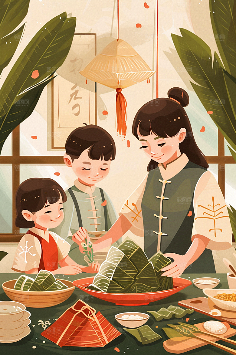 端午包粽子传统文化美食插画