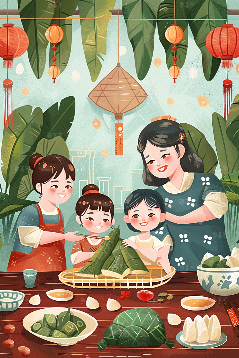 端午包粽子节日氛围端午节插画