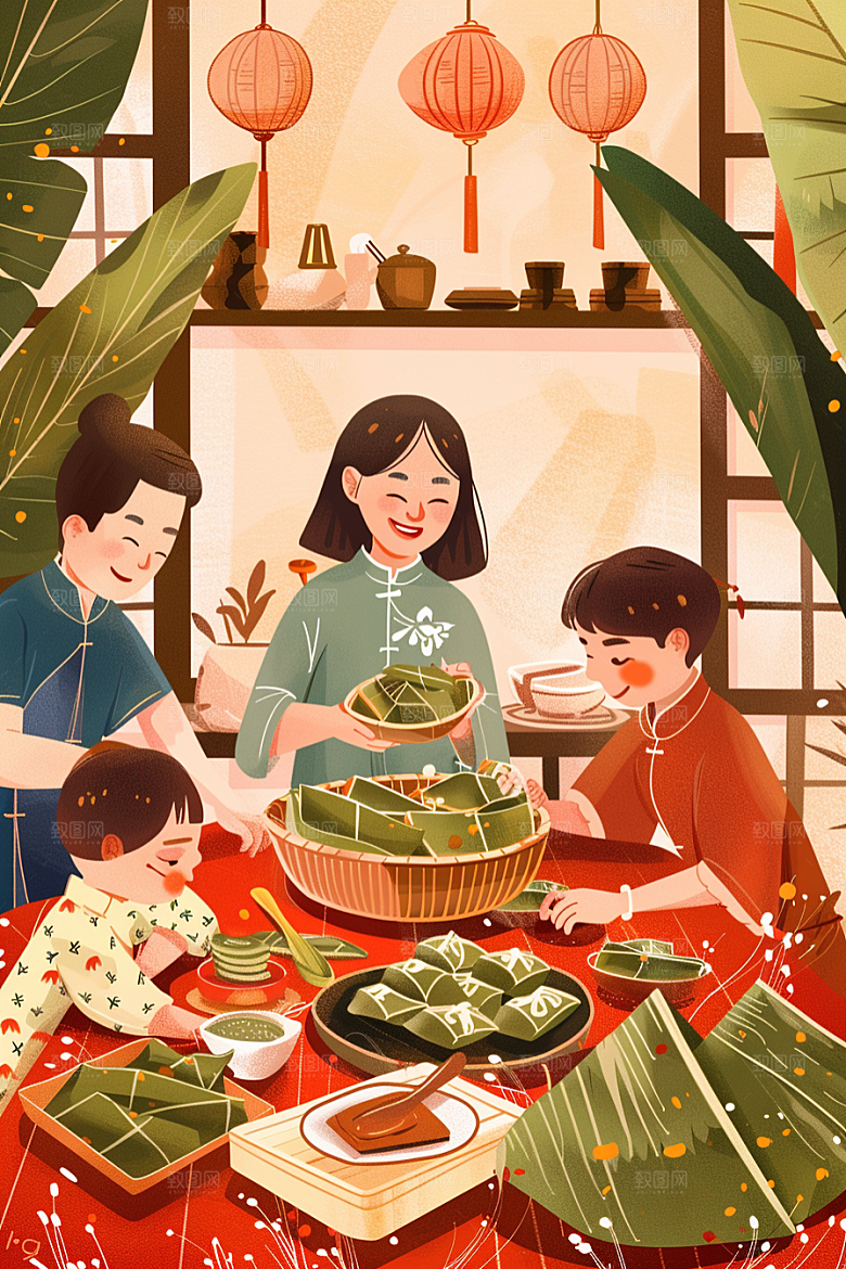 端午包粽子习俗节日插画