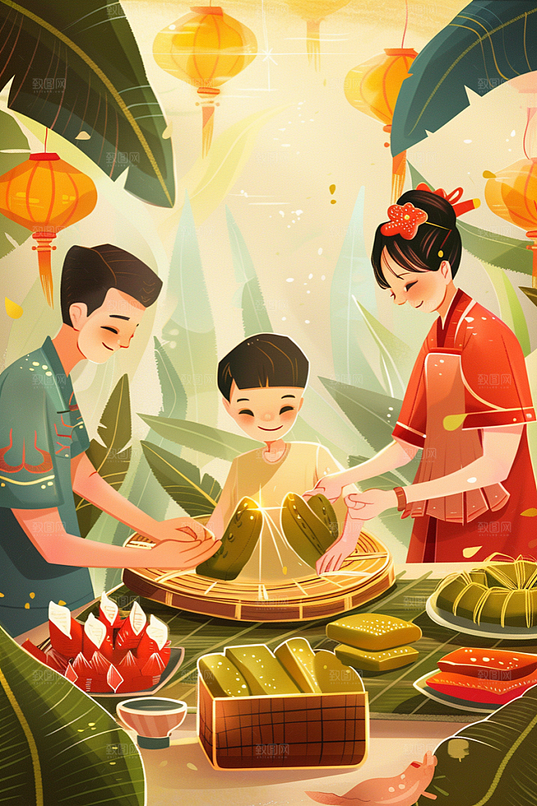 端午包粽子美味糯米插画