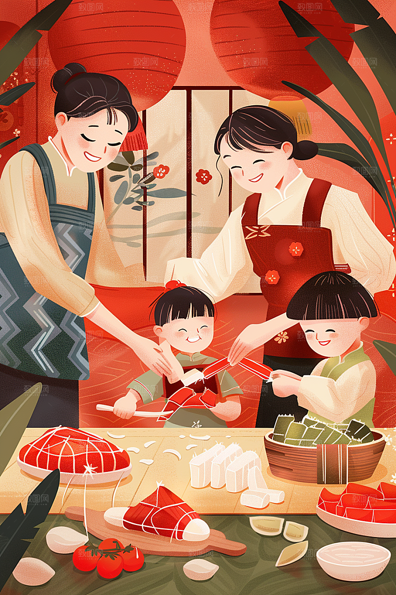 端午包粽子高清美食插画