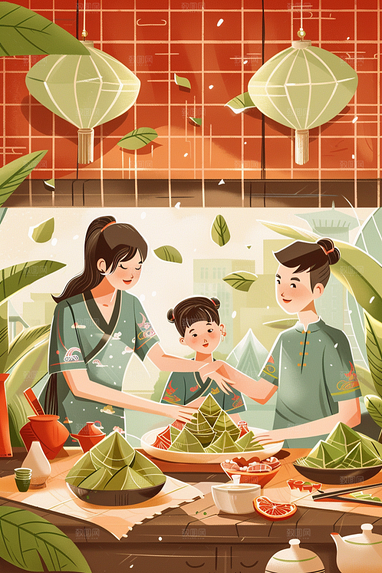 端午包粽子节日粽叶插画