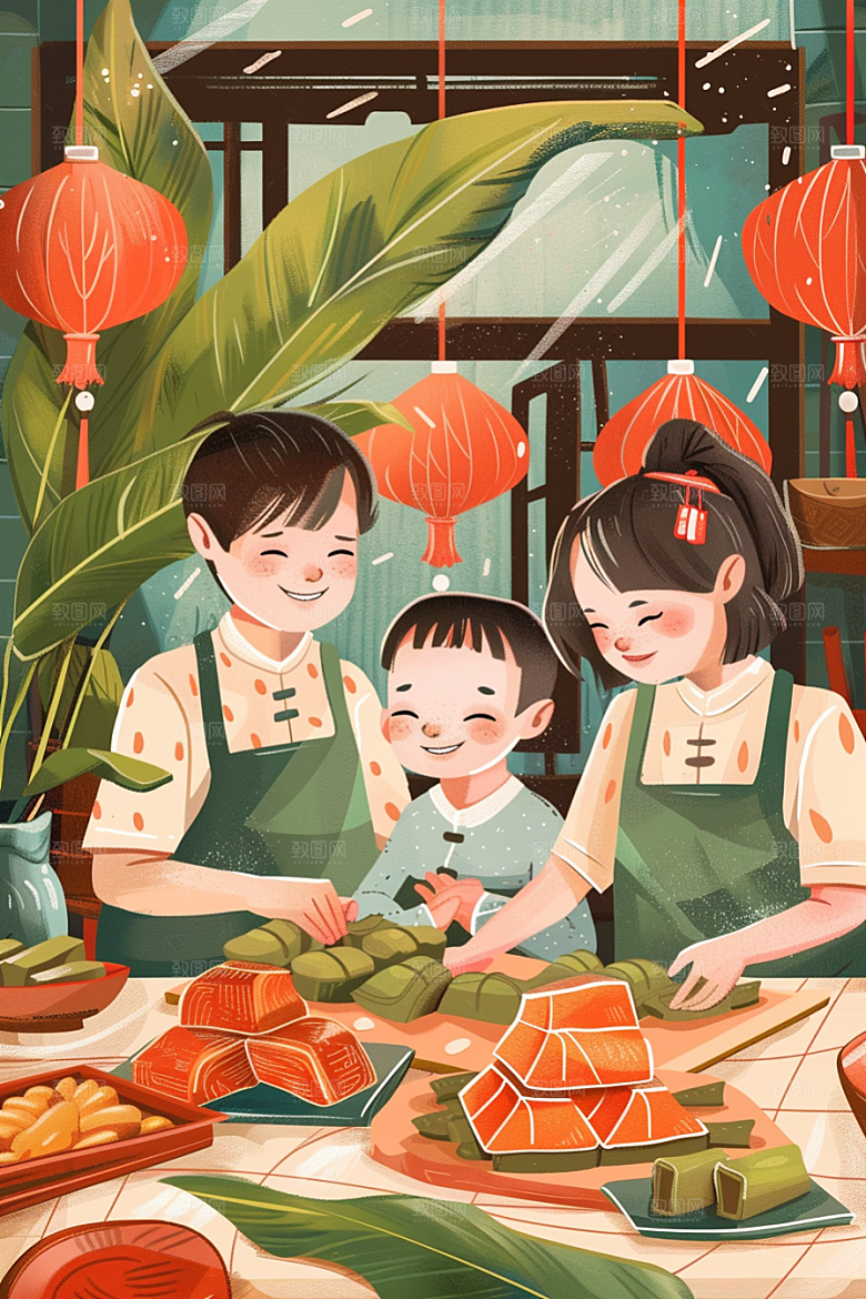 端午包粽子手绘温馨插画