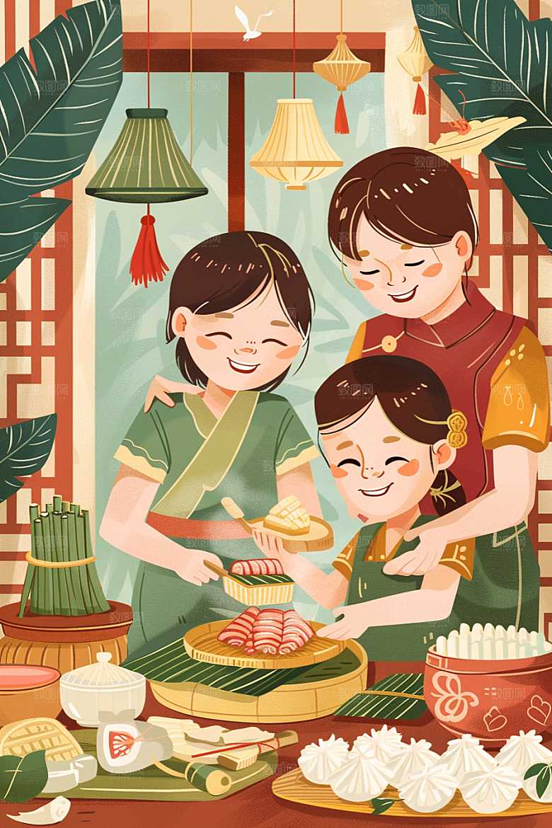 端午包粽子糯米幸福插画